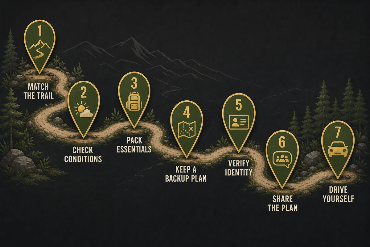 Hike date ideas safety and planning checklist — match trail to relationship stage check conditions pack for two have a backup plan verify identity share your plan and drive yourself displayed as a trail-themed preparation guide