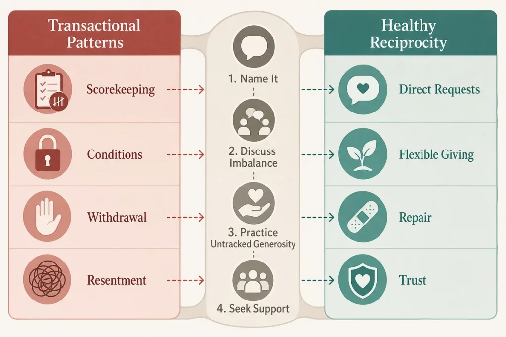 Relationships transactional versus healthy reciprocity — side by side comparison showing the scorekeeping dynamic on one side and the generosity-based dynamic on the other with intervention strategies for breaking the transactional pattern