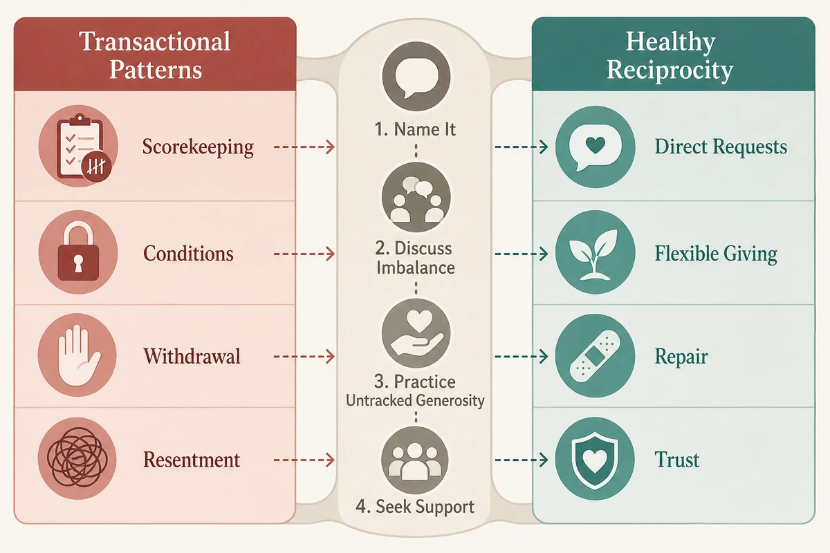 Relationships transactional versus healthy reciprocity — side by side comparison showing the scorekeeping dynamic on one side and the generosity-based dynamic on the other with intervention strategies for breaking the transactional pattern