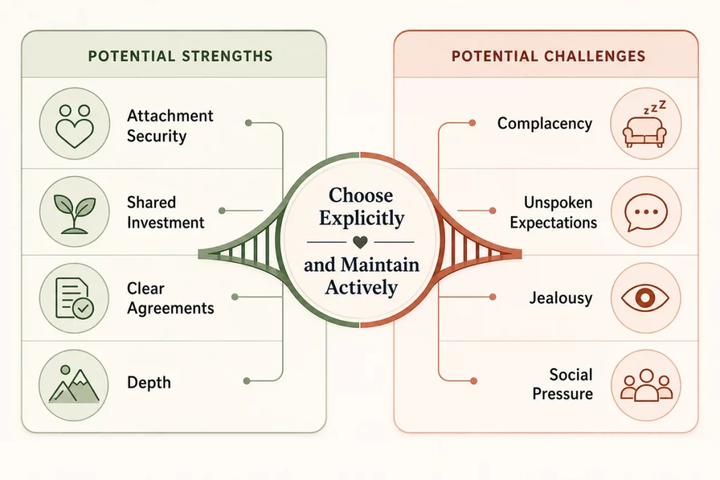 What is a monogamy relationship — comparison showing monogamy versus other relationship structures with psychological benefits challenges and the framework for choosing monogamy intentionally