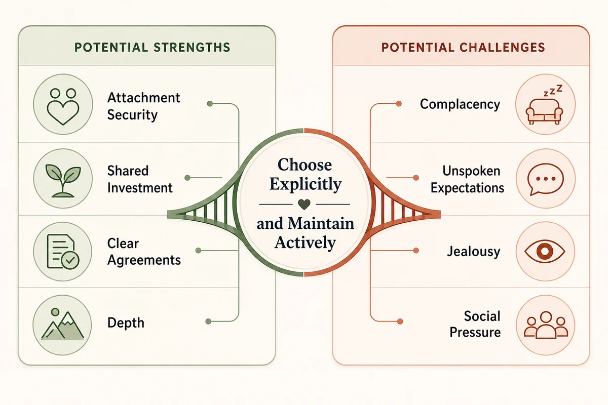 What is a monogamy relationship — comparison showing monogamy versus other relationship structures with psychological benefits challenges and the framework for choosing monogamy intentionally
