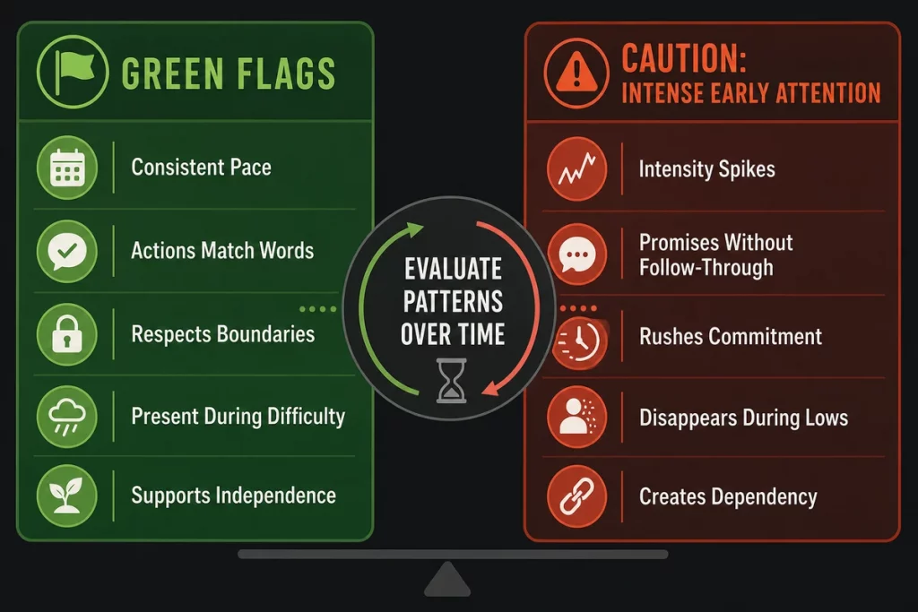 Green flags in a relationship vs love bombing — side by side comparison showing consistent sustainable healthy patterns on one side and disproportionate unsustainable strategic patterns on the other with time as the key differentiator