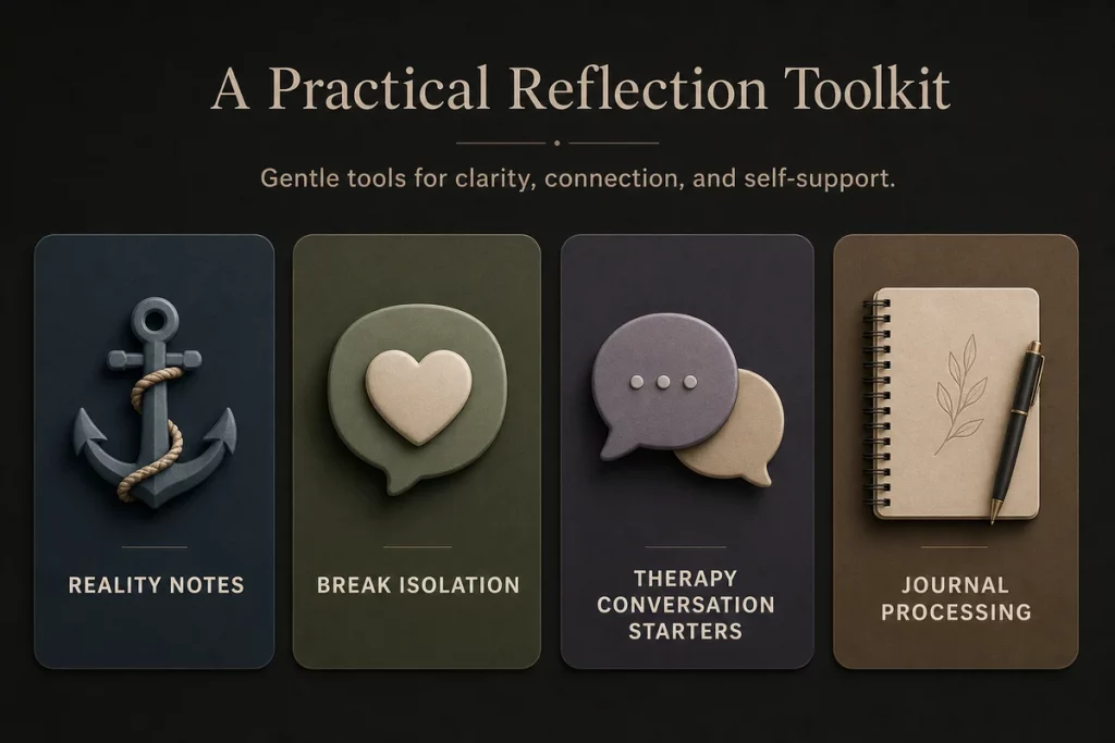 Emotional abuse quotes recovery framework — four ways to use quotes for healing including reality anchoring breaking isolation therapy entry points and future relationship screening displayed as a practical recovery toolkit