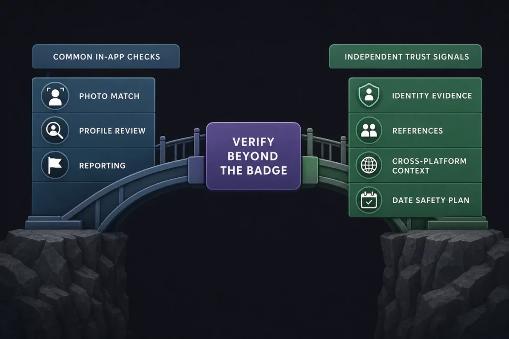 Dating app safe — the verification gap illustrated showing what dating apps verify versus what third-party verification through GuyID provides including government ID confirmation trust scoring and portable cross-platform verification