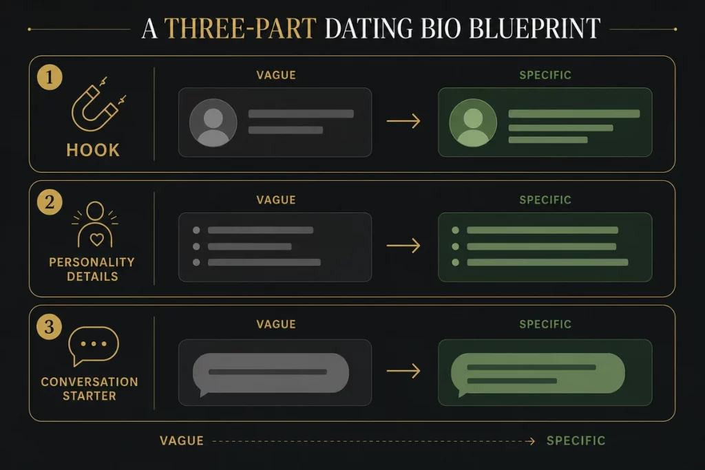 Good bio for Tinder guys — the three-part structure displayed as a profile blueprint showing hook line personality window and conversation starter with before and after examples demonstrating the transformation from generic to compelling