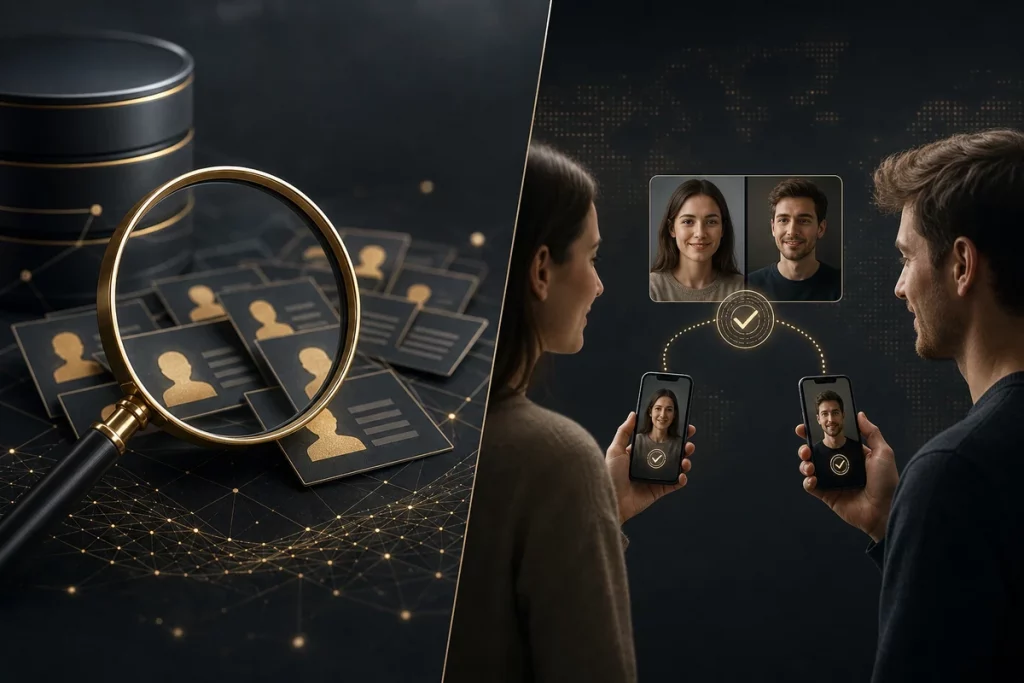 Background checks for dating — comparison between traditional unilateral background checks and consent-based mutual verification through GuyID showing advantages of transparency cooperation and user-controlled data