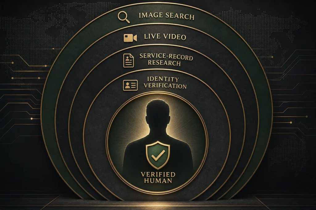 Military scammer list — verification framework showing reverse image search video call request official channel verification and GuyID identity confirmation as four layers of protection against military romance scams