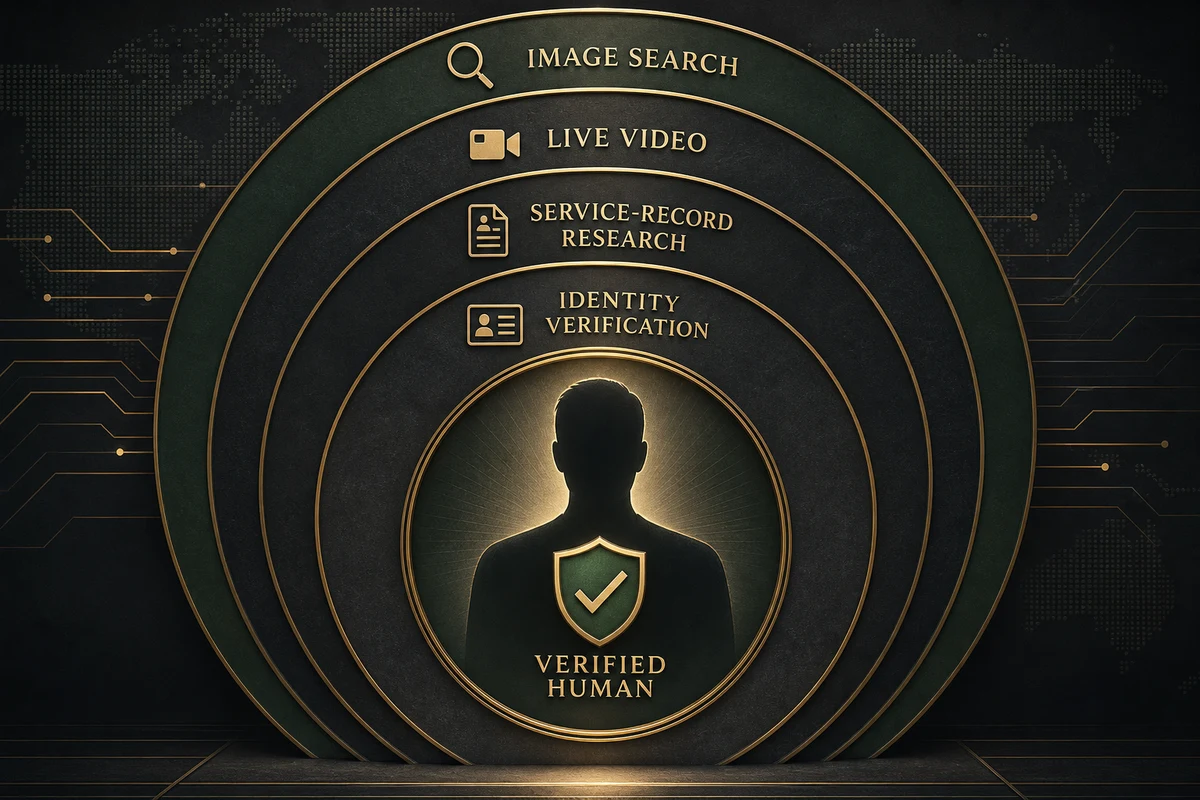 Military scammer list — verification framework showing reverse image search video call request official channel verification and GuyID identity confirmation as four layers of protection against military romance scams