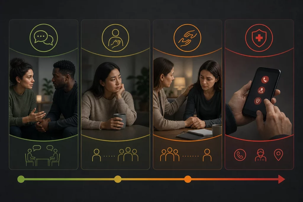 Am I in an abusive relationship quiz — four-tier scoring guide showing healthy range through concerning to significant and severe indicators with specific action steps and resources for each level