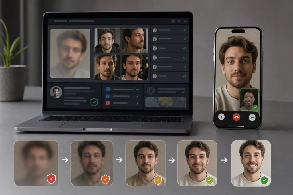How to spot a catfish — four-step verification process showing reverse image search video call request claims cross-reference and GuyID government ID verification as progressive identity confirmation layers