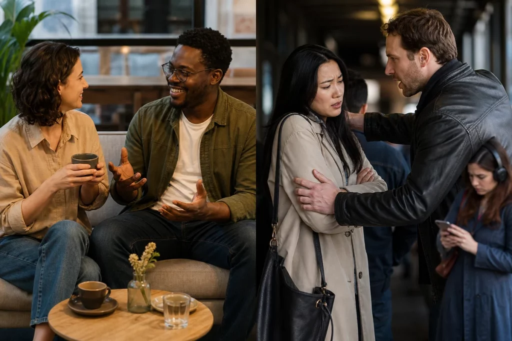 Early signs of a toxic relationship versus genuine excitement — comparison table showing how the same early-relationship behaviors differ between healthy connections and toxic patterns with time as the key differentiator