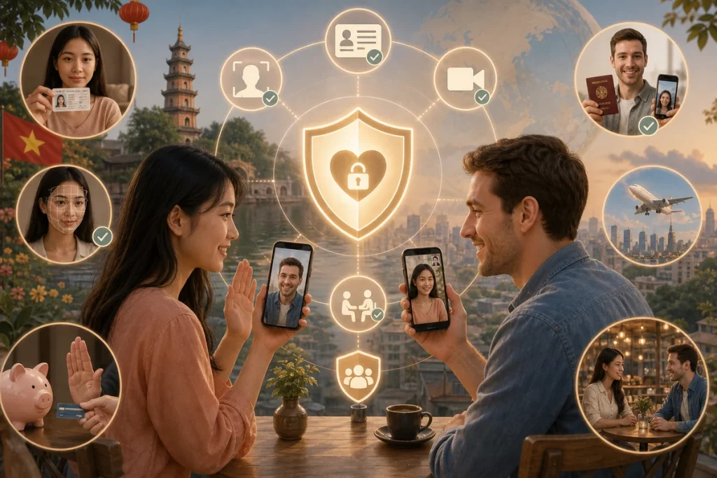Dating websites Vietnam — safety framework showing verify with GuyID video call before travel never send money pre-meeting research platforms and inform support system as five protection layers for cross-cultural online dating