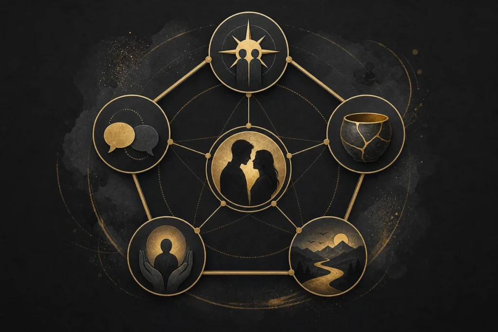 Love test io — the real compatibility framework showing conflict resolution style attachment compatibility value alignment communication quality and behavioral consistency as five scientifically validated predictors versus name-based random number generation