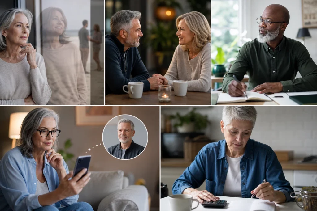 Dating after divorce 50 — five common mistakes displayed as warning cards showing comparing to ex moving too fast hiding divorce status neglecting digital safety and settling due to age-based scarcity beliefs