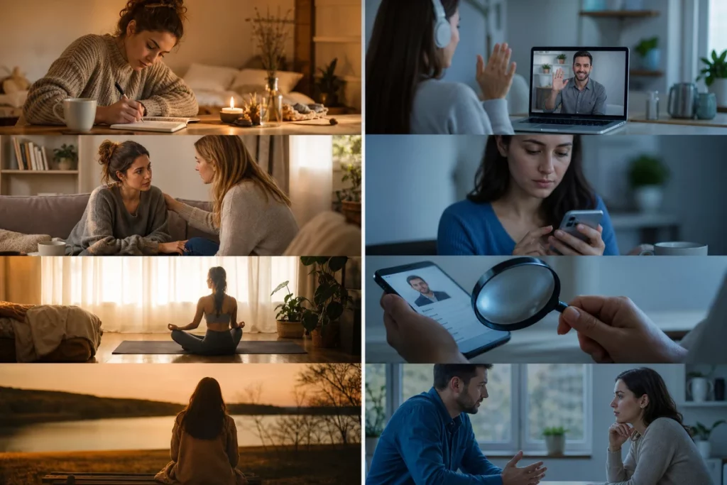 Ghost dating simulation — the prevention and processing framework showing verify with GuyID calibrate investment to demonstrated commitment build multiple connections and evaluate green flags alongside stop messaging resist investigating externalize self-blame and reframe as information