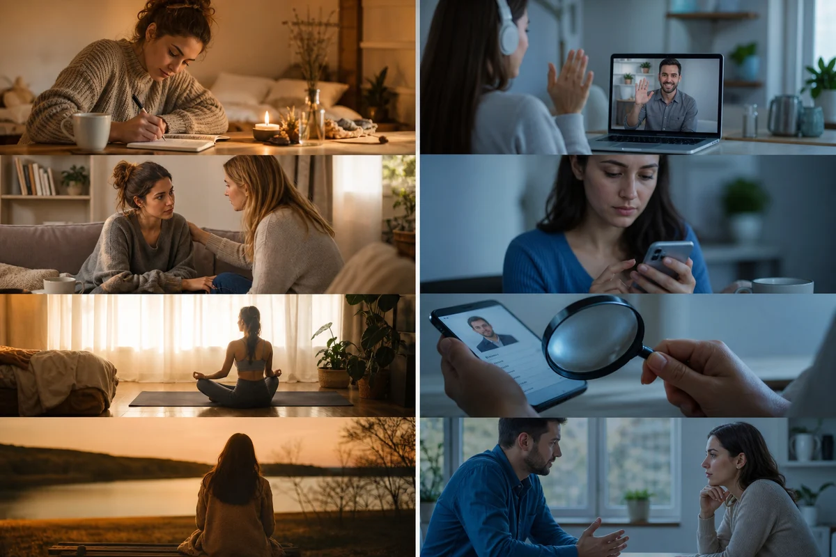 Ghost dating simulation — the prevention and processing framework showing verify with GuyID calibrate investment to demonstrated commitment build multiple connections and evaluate green flags alongside stop messaging resist investigating externalize self-blame and reframe as information
