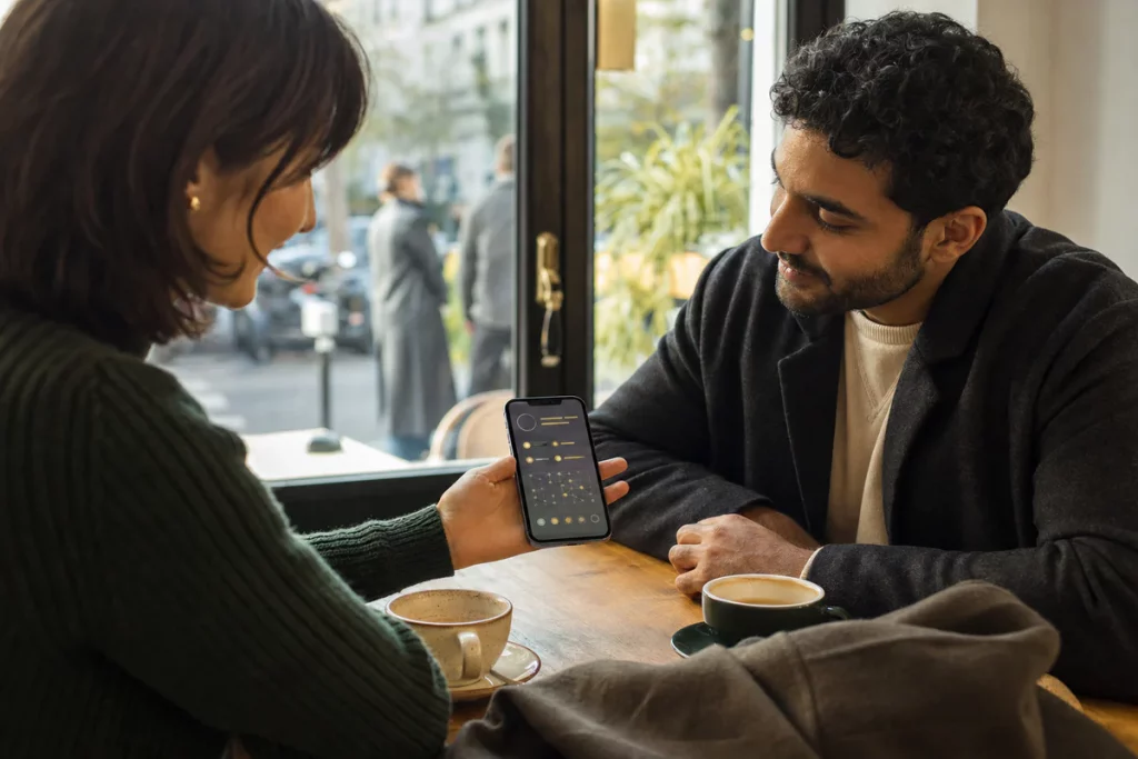 A person consensually sharing portable identity and social trust signals before a public first date.