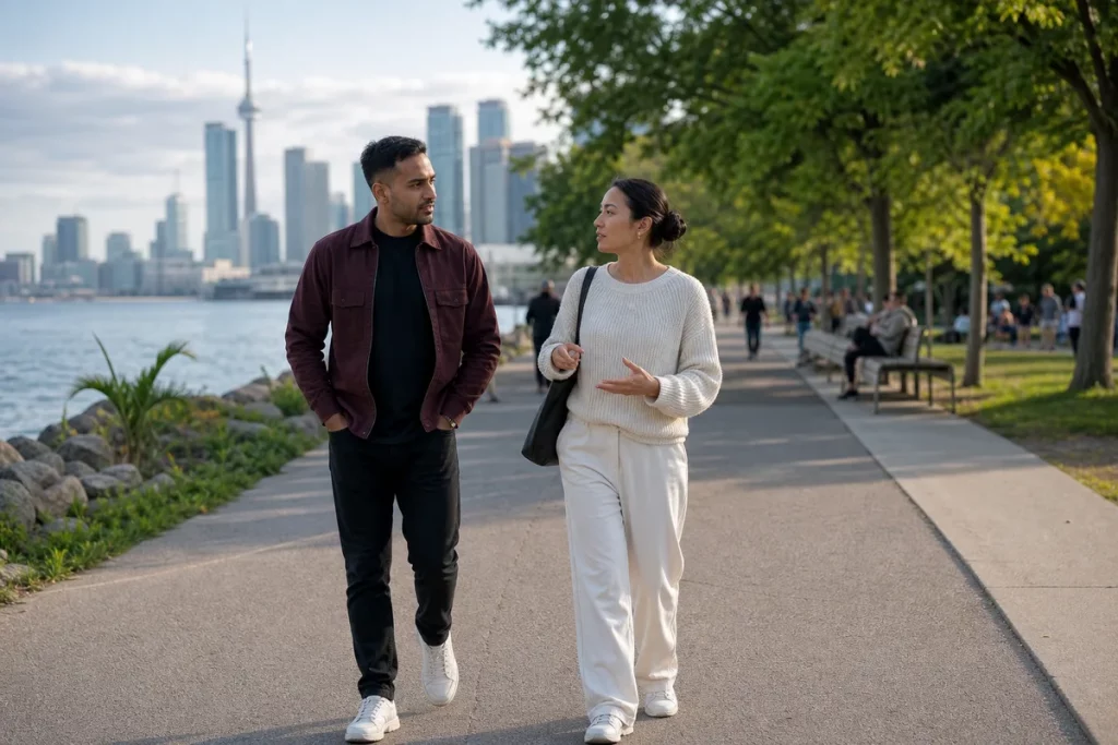 Two adults discussing relationship expectations while walking in a public waterfront park.