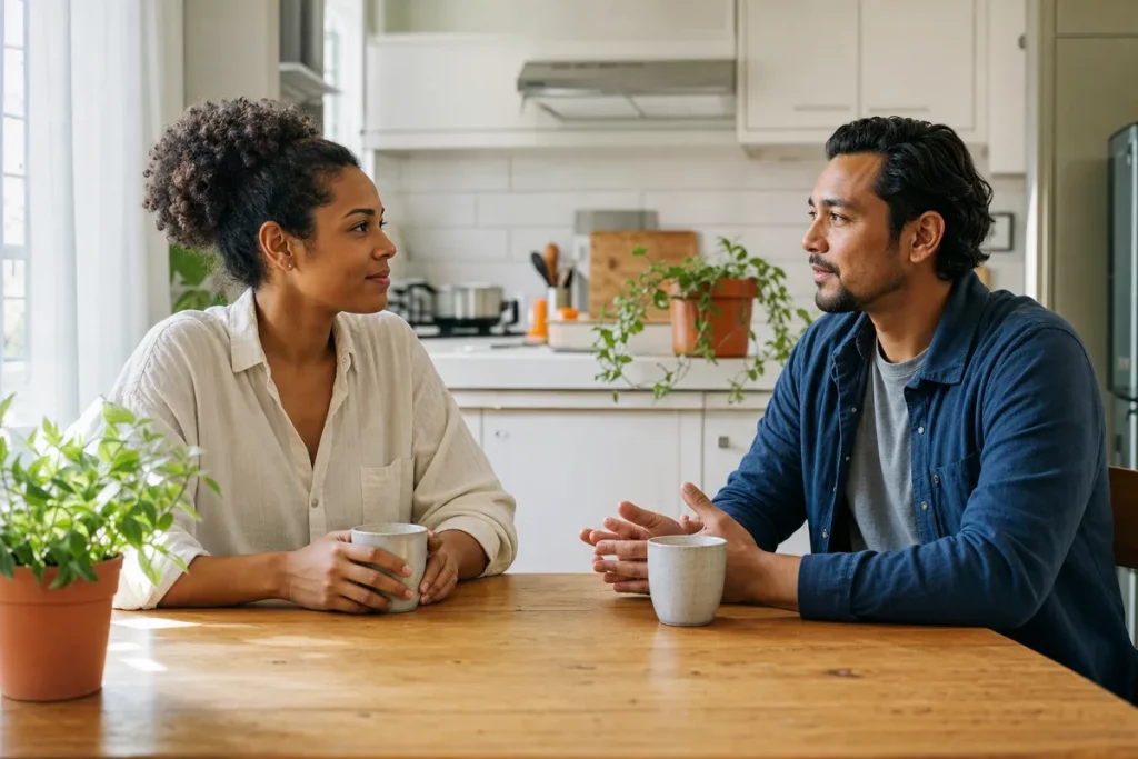 A couple reconnecting through a calm conversation at a kitchen table.