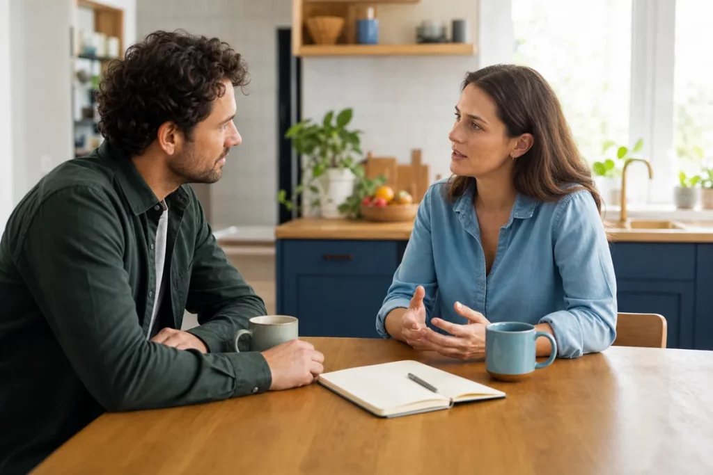 A couple using a calm, structured conversation to repair connection at a kitchen table.
