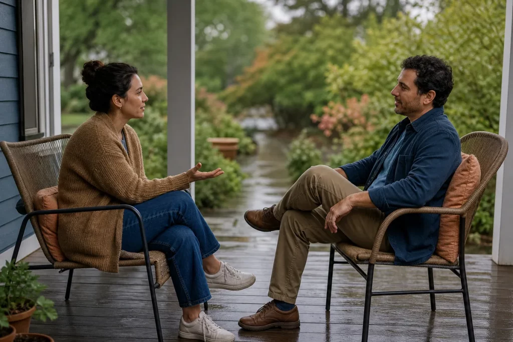 A couple calmly repairing connection through conversation on a porch after rain.
