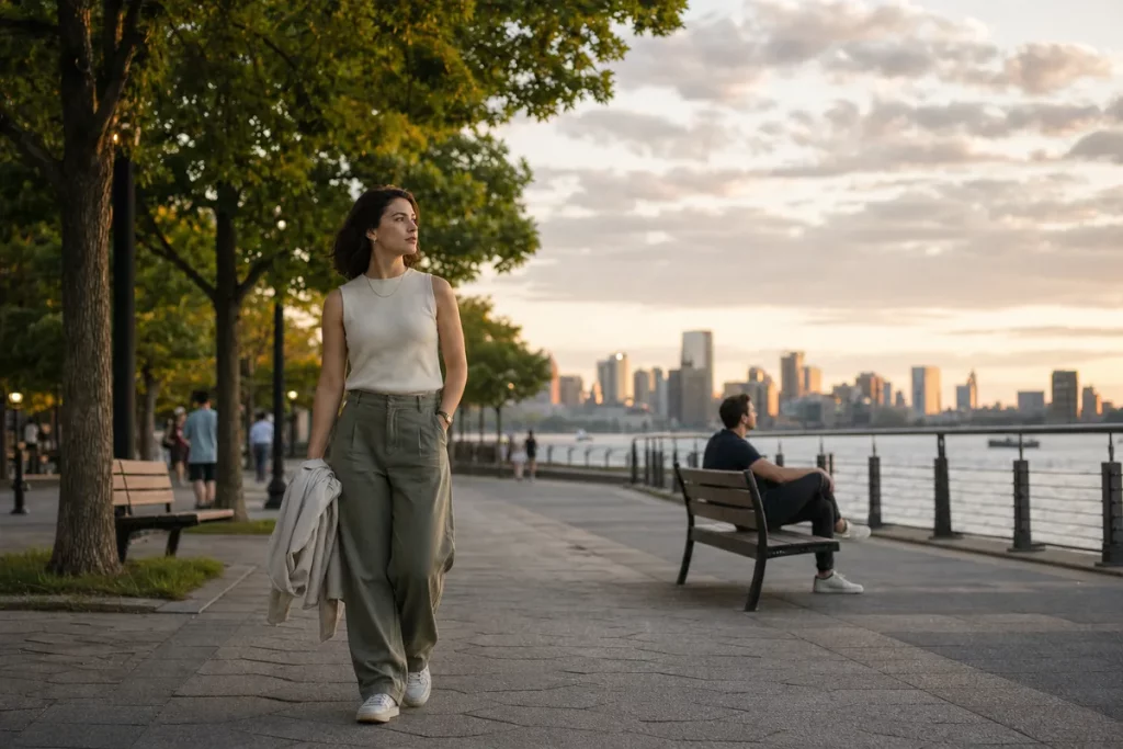 One person walks along a riverside path after leaving another person seated on a bench.