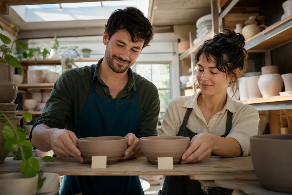 A couple places two handmade bowls together on a pottery studio shelf.