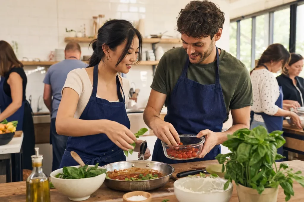 Two people work together during a community cooking class.