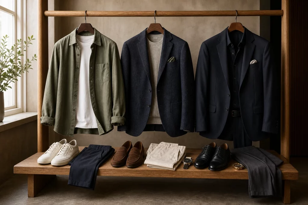 Three styled outfit options on a wooden rail, from a relaxed overshirt to a navy dinner jacket.