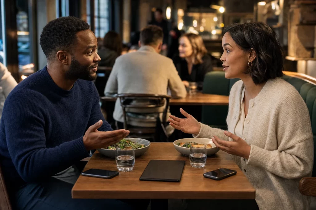 Two adults talking attentively at a public restaurant with phones face down and a bill folder centered.