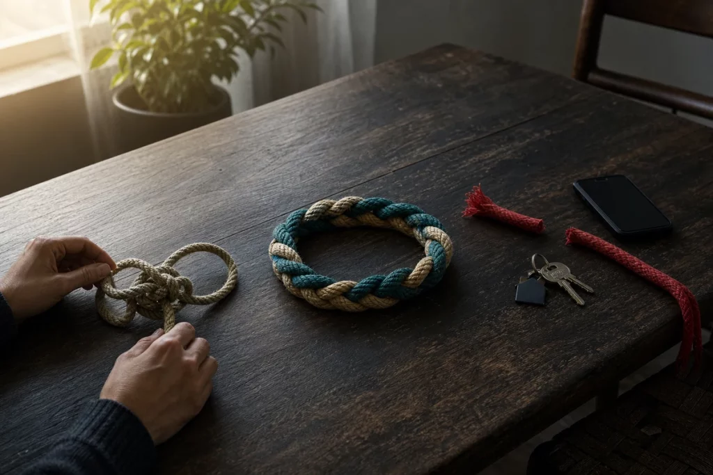 A loose knot, braided loop, and cut red rope beside a phone and keys symbolize different conflict types.