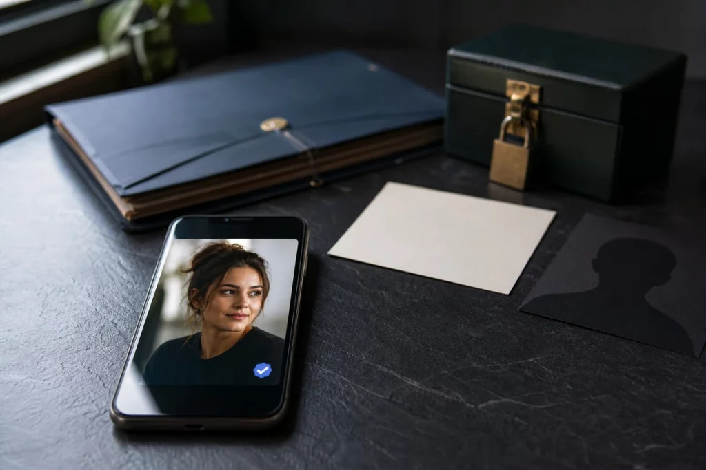 Smartphone with a generic verified portrait beside a closed file, locked box, and blank profile cards.