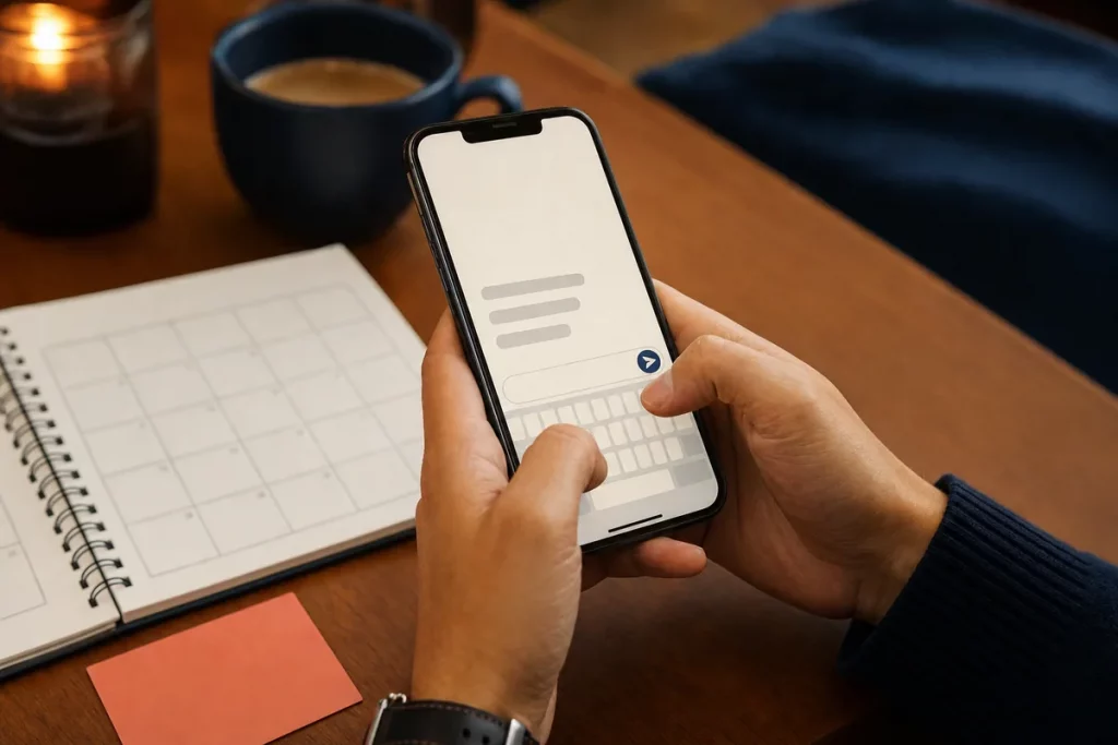 A close editorial view of a phone showing a concise second-date invitation, with a calendar and café note nearby but no personal data visible.