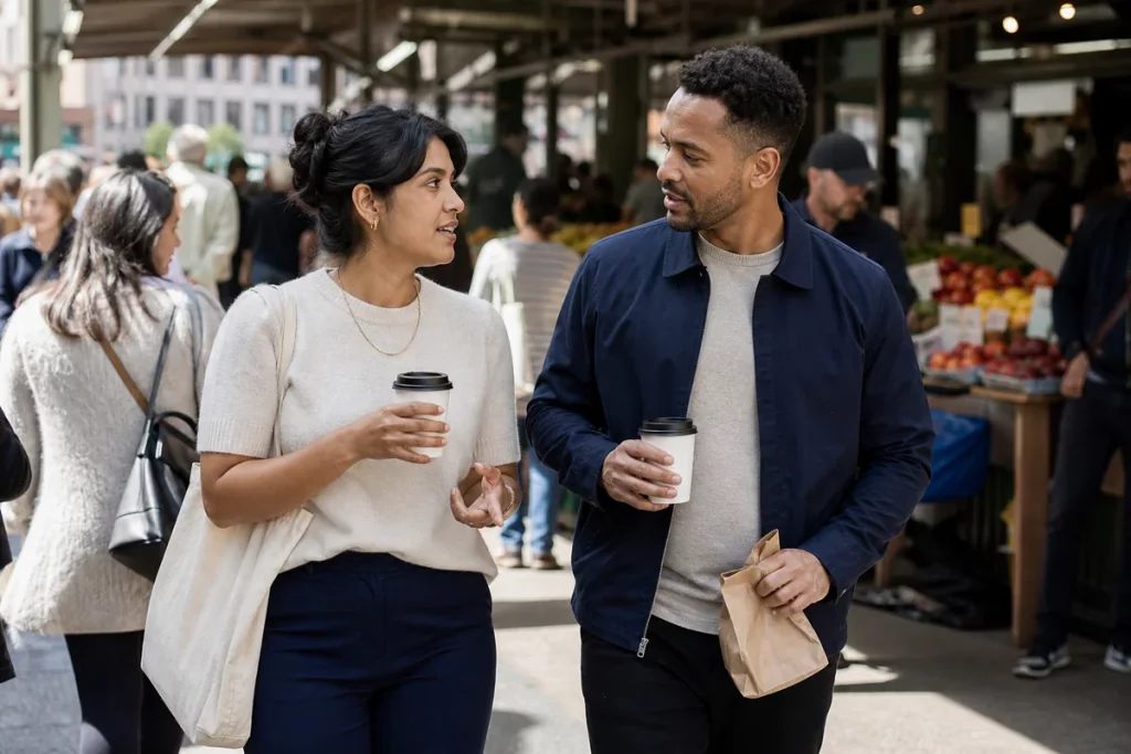 Two adults mutually deciding to extend a daytime date with a walk through a busy public market after coffee.