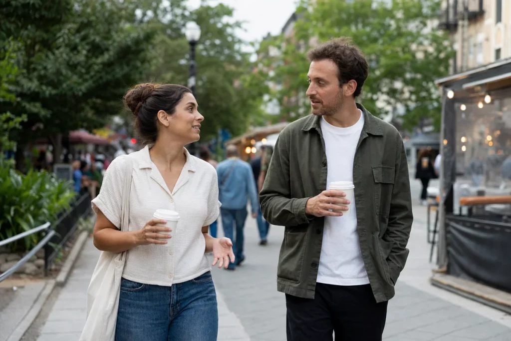 Two adults on a low-pressure walk-and-coffee date, listening to each other in a public neighborhood setting without phones on the table.
