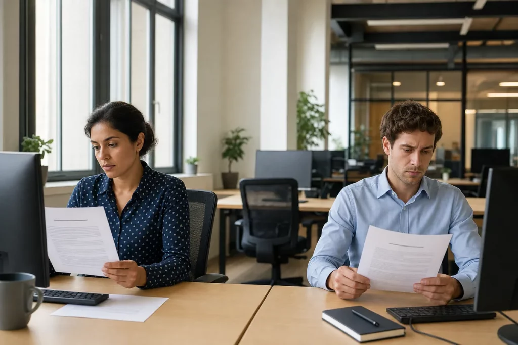 Two coworkers reviewing an employee handbook and conflict-of-interest policy at separate desks, with no romantic contact in the office.