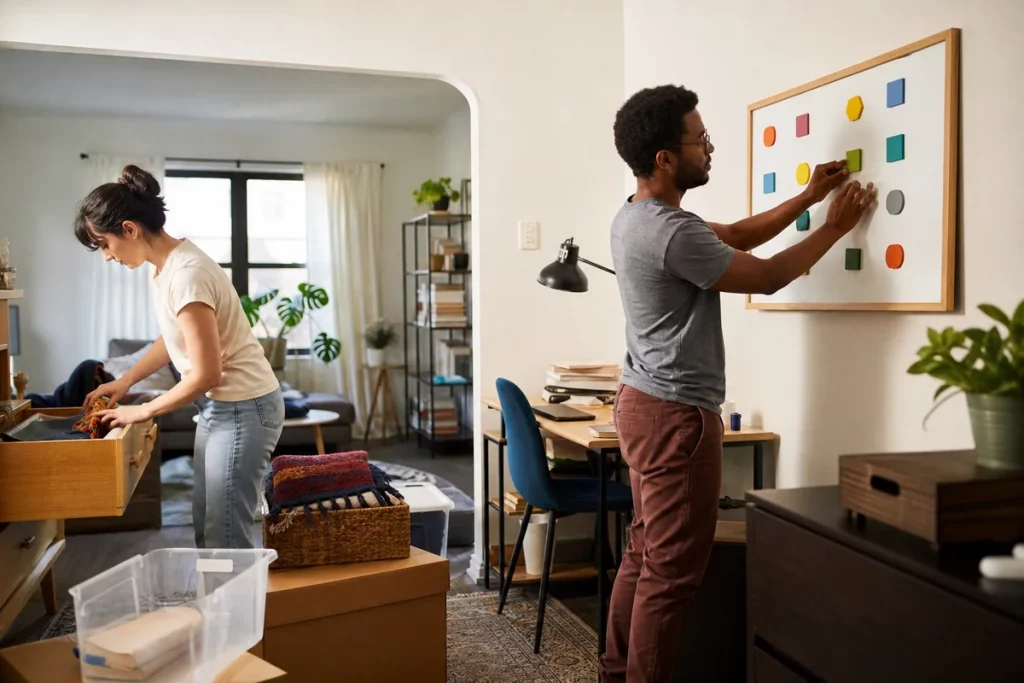 Two partners arranging separate storage, a shared chore board, and two distinct work areas in a modest apartment.