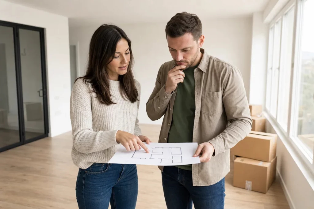 Two adult partners discussing a home decision beside apartment plans, with both people pointing to different options.