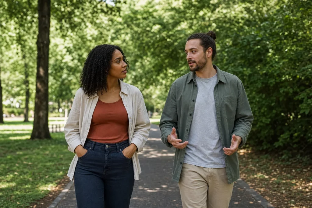 Two adult friends walking side by side in a public park with comfortable space between them and natural conversation.