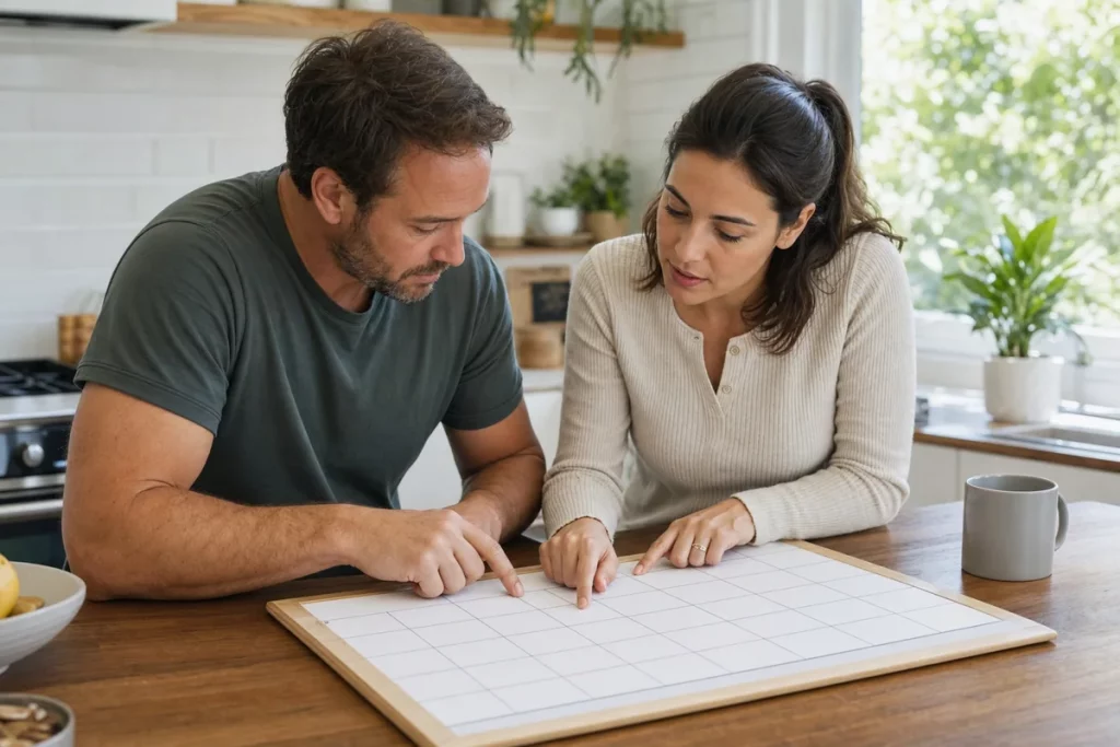 Two adult partners reviewing a neutral weekly calendar with separate colored blocks and space reserved for individual time.