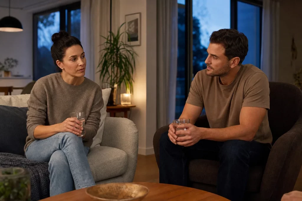 Two adult partners taking a pause during a difficult conversation, with water on the table and relaxed space between them.