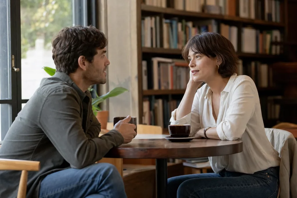 Two adults sharing a focused conversation at a quiet bookstore café with natural daylight and comfortable space.