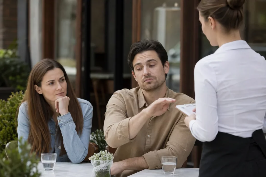 Two adults on a public date where one person speaks disrespectfully to staff while the other notices with a concerned but composed expression.
