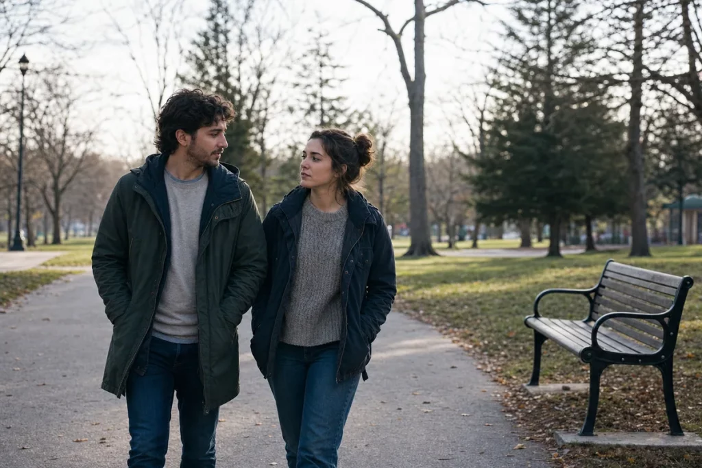 Two adult partners taking a quiet, low-pressure walk on a neighborhood park path.