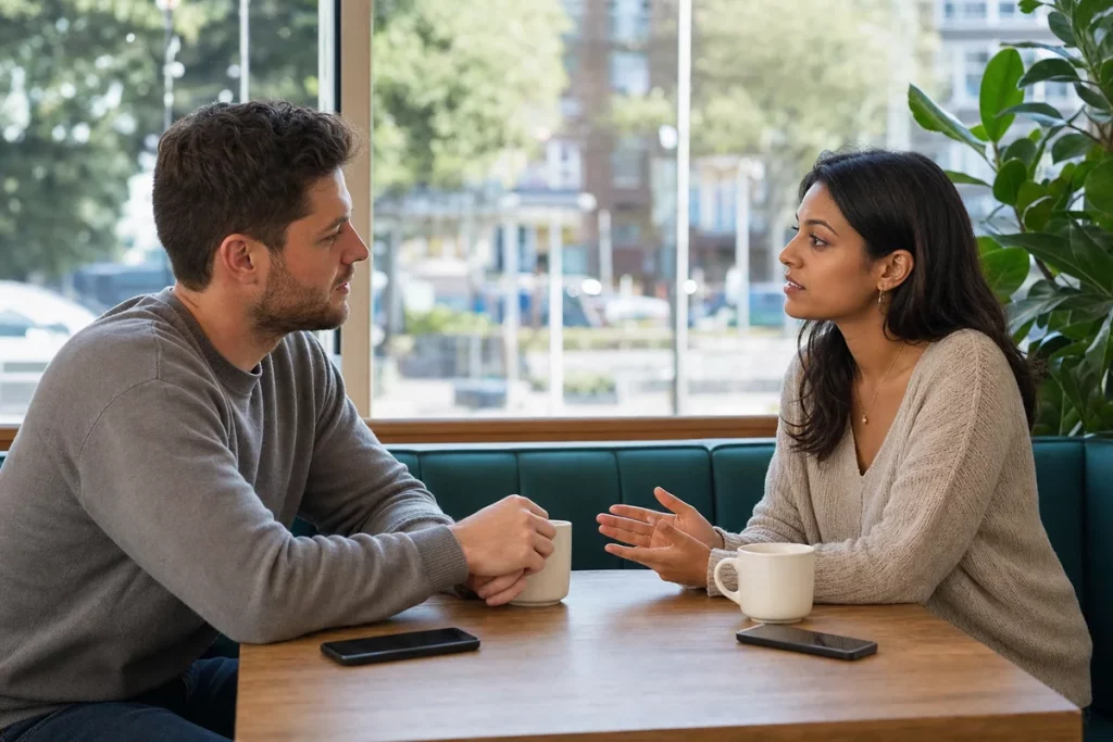 Two adults discussing boundaries in a bright public café without confrontation or judgment.