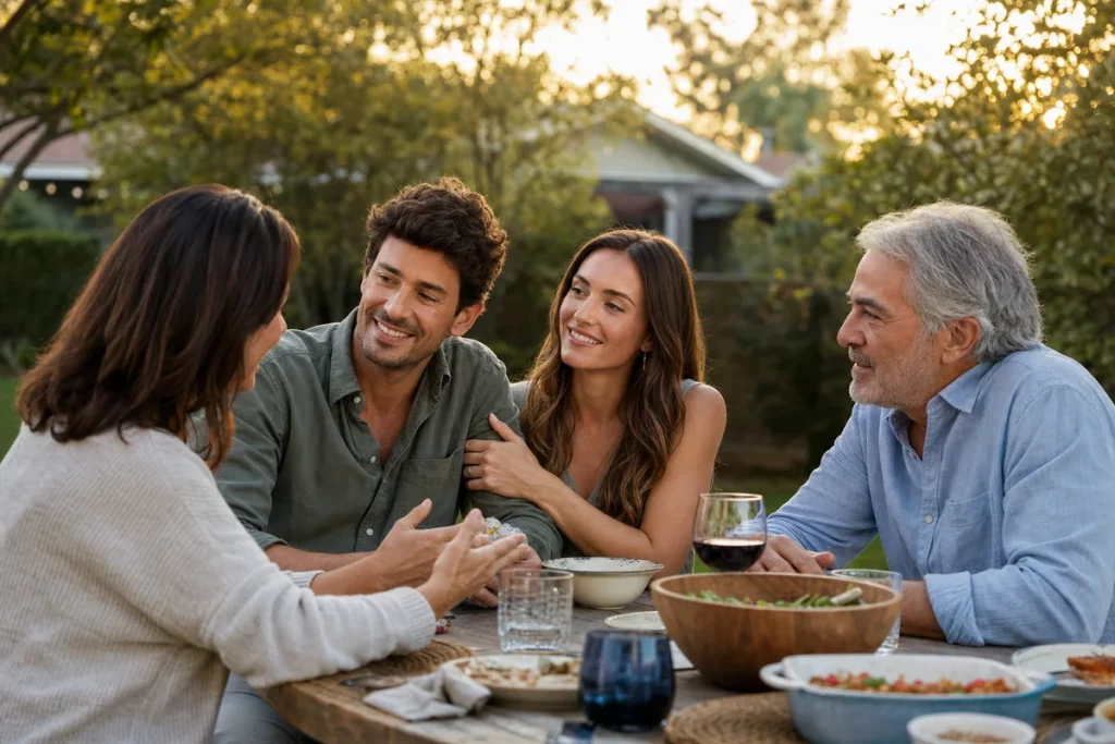 An adult couple and two older family members sharing a balanced conversation at an outdoor table.