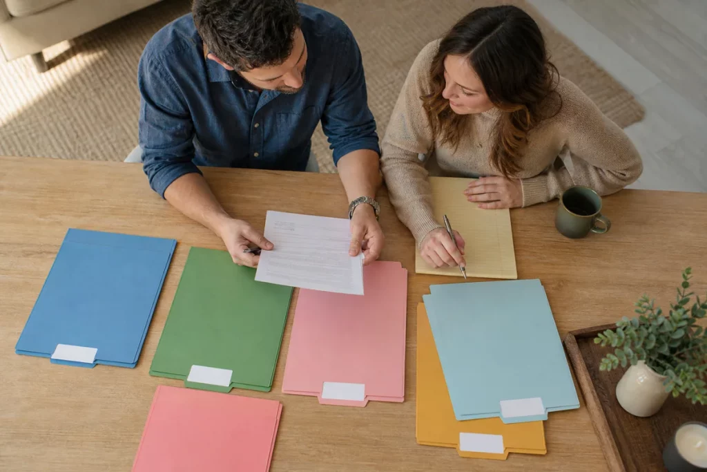 An engaged couple comparing organized financial information at a home table before signing anything.