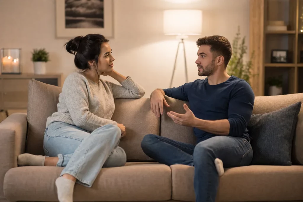 Two fully clothed adults pausing affection and moving into a calm boundary check-in with open body language.