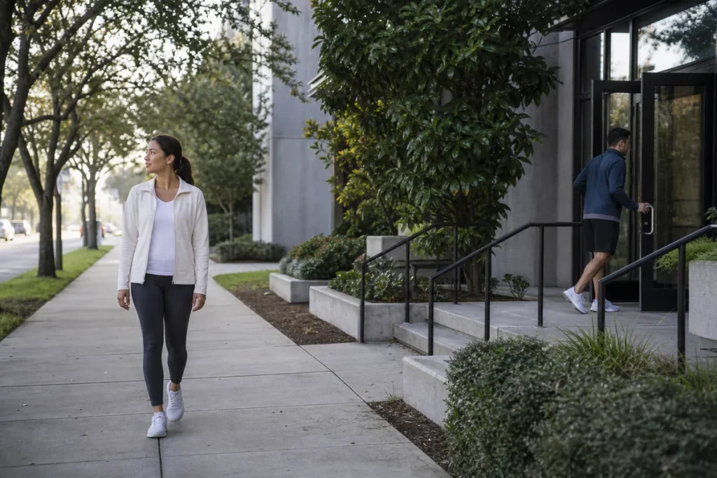 One partner taking a quiet morning walk while the other maintains a separate community routine.