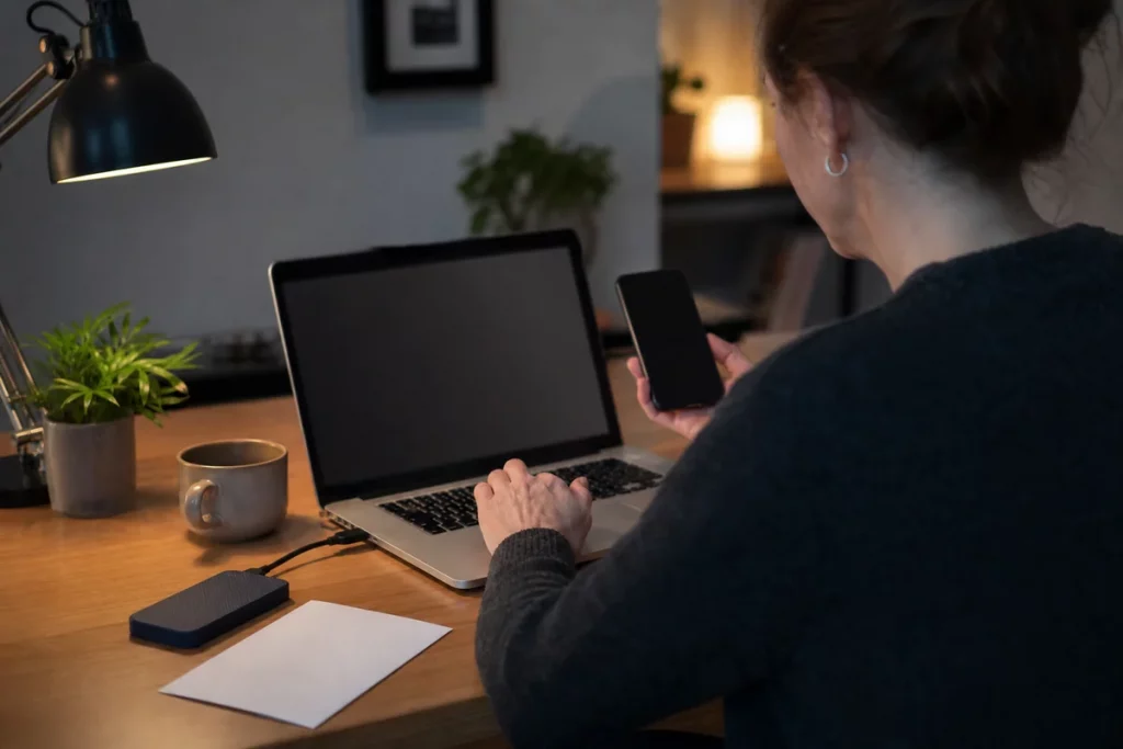 An adult preserving dating-conversation evidence on secured devices at a private desk.